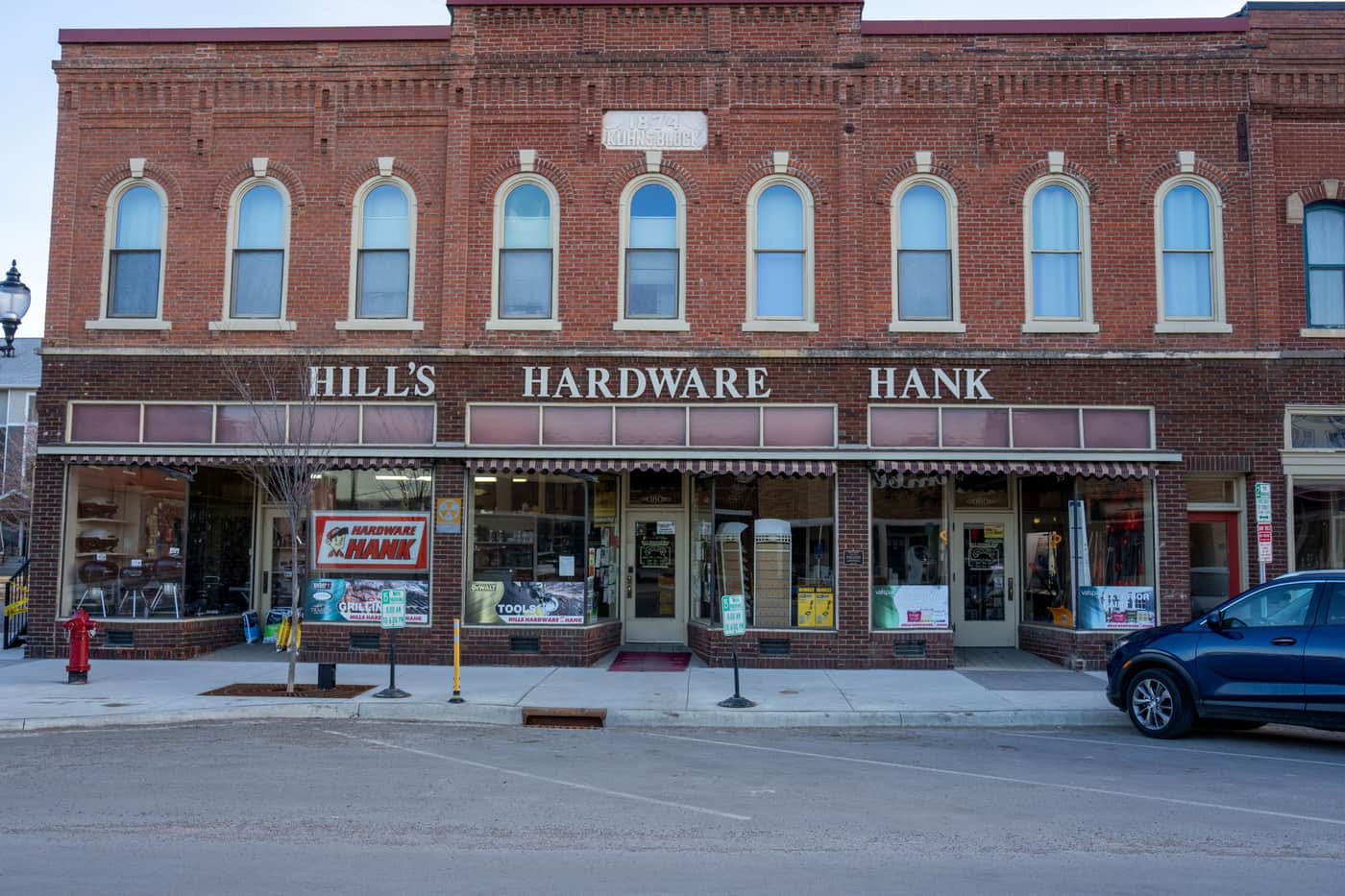 Historic brick storefronts along Washington Street in downtown Marquette, Kansas