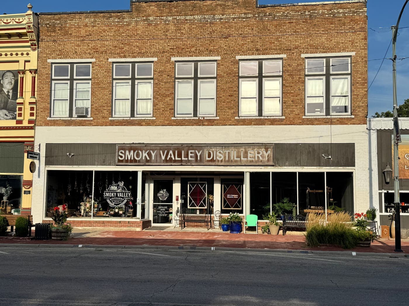 The Smoky Valley Distillery storefront on Washington Street in downtown Marquette, Kansas